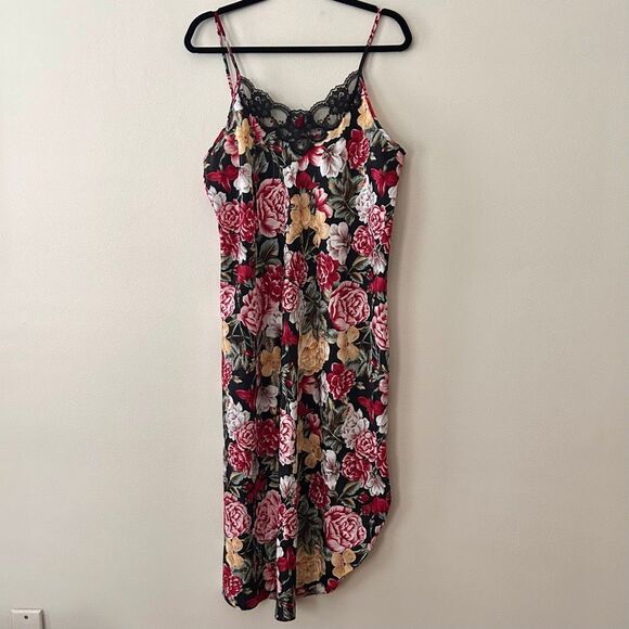VTG 90s Floral Slip Dress Satin & Lace Red Pink Roses Asymmetrical Inner Most L - Picture 2 of 9